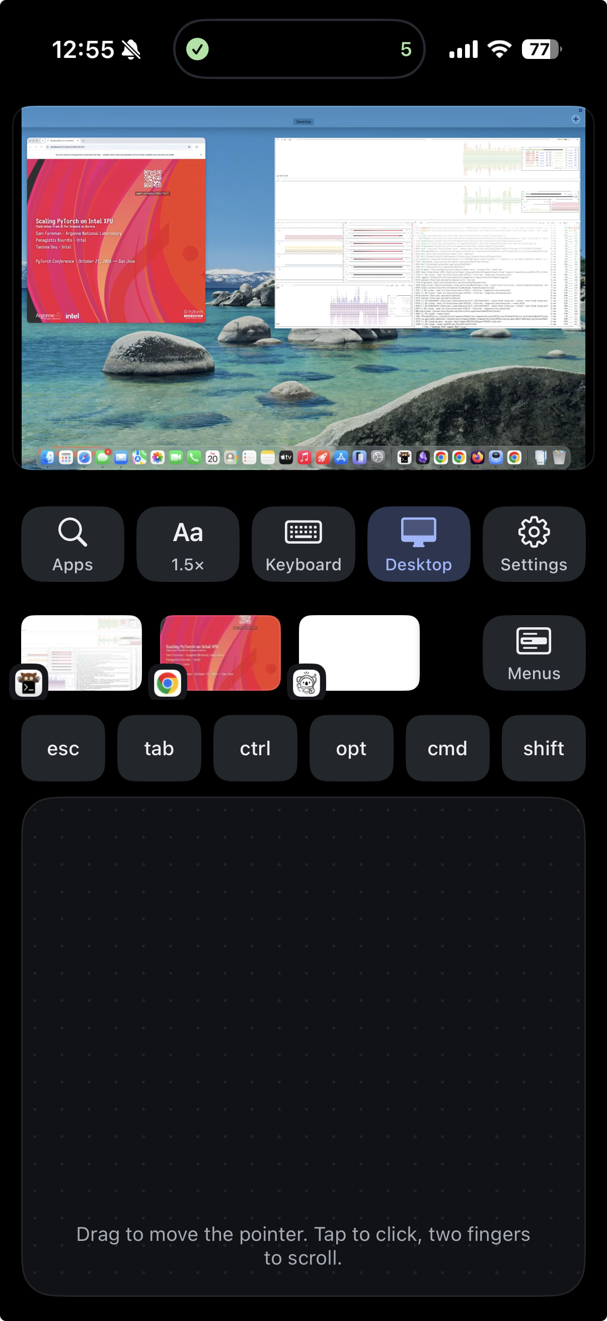 Sill on iPhone showing the macOS desktop with a slide deck and code editor floating over a Tahoe wallpaper